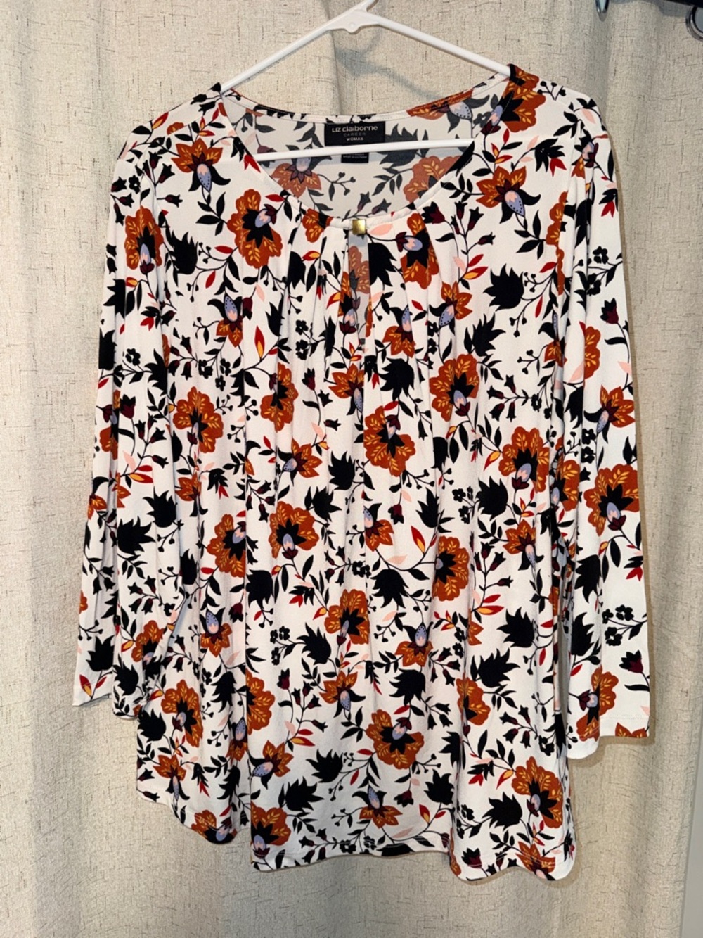 Liz Claiborne White Floral Long-Sleeve Tunic with Rust & Black Print